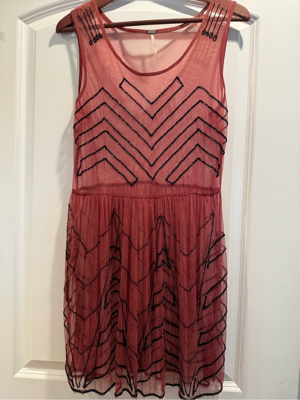 Free People Mesh Mini Dress with Black Beaded Chevron size s
